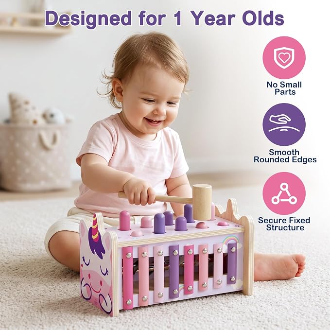 Wooden Montessori Toys for 1 Year Old, 1st Birthday Gift for Girls 1-3 | Pounding Hammering Toy with Xylophone, Toddler Learning Toy, Pink Unicorn Design, Educational Musical Baby Toy 12-18 mouth