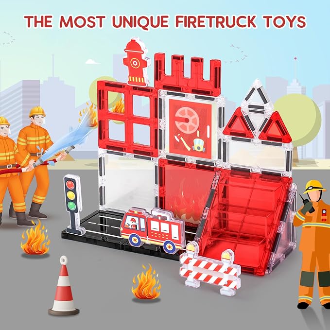 Firefighter Magnetic Tiles for Toddlers 3-5 – STEM Building Blocks Set with Fire Truck, Hydrant, Extinguisher & Storage Bag, Fire Station Creative Play for Boys & Girls, Christmas Birthday Gift