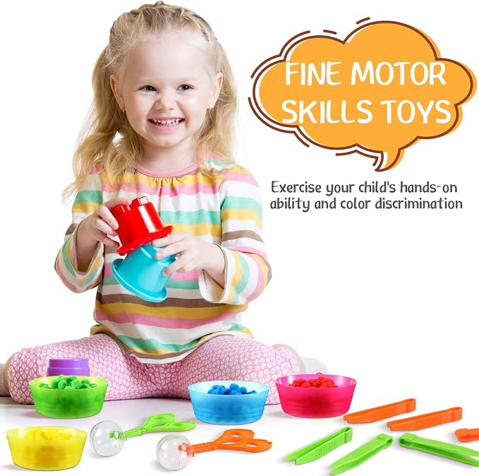138 Pcs Fine Motor Skills Toys for Early Sensory Education Color Sorting Matching Counting Training, for Ages over 3 Including 8 Sorting Bowls 2 Scissors Clip 8 Tweezers and 120 Colorful Plush Balls