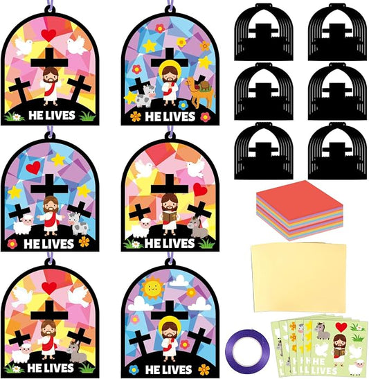 Qyeahkj 36 Set Easter Jesus Cross Suncatchers Crafts for DIY Christian Religion Cross Window Tissue Paper Craft Kit Hanging Decor for Home Activity Art Project Birthday Party Favor