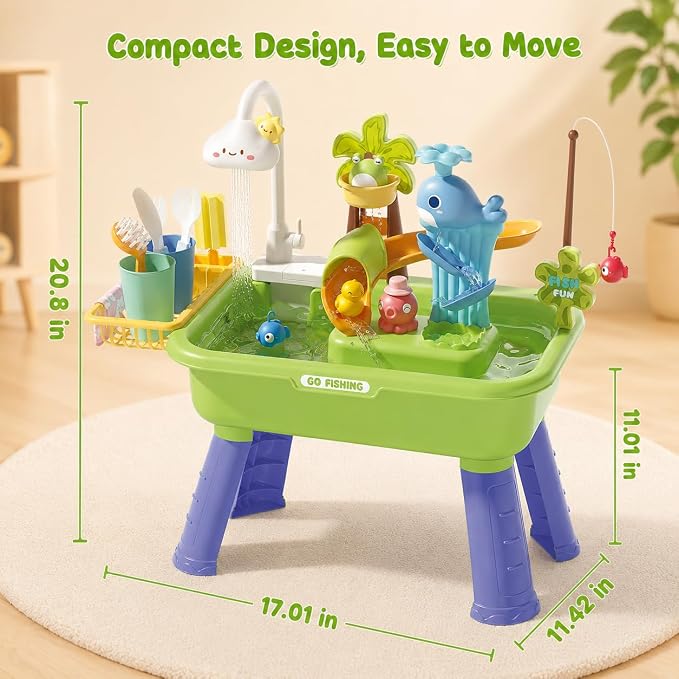 Water Table for Toddlers 1-3 with Pump, Spring-Green | 22Pcs Toy Accessories, 4L Basin, Fishing & Kitchen Sink. Outdoor Sensory Toy for Toddlers 1.5-3