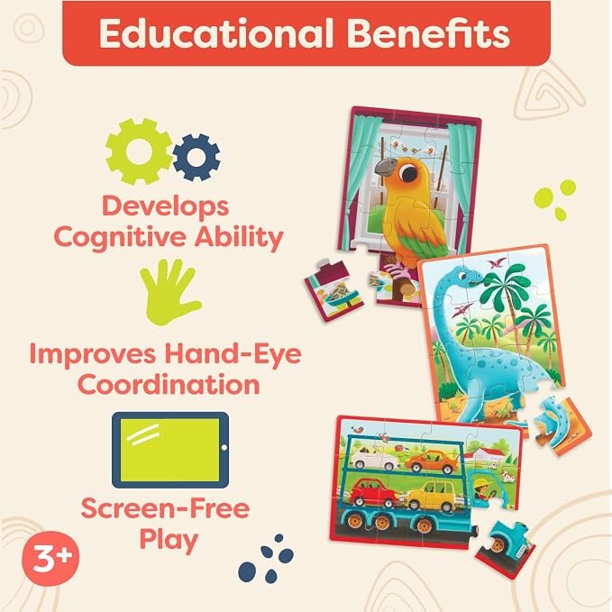 B. toys Wooden Jigsaw Puzzle Set, Pack o' Puzzles 3-Pack Storage, 3 Pack | 12 wooden 12-piece puzzles with pets, dinos and trucks in 3 sturdy storage boxes; color-coded backs for sorting; 3+ Years