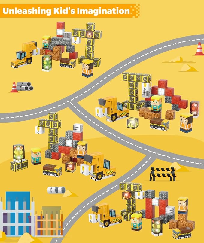 Magnetic Blocks 45 pcs Travel Toys for Toddler & Kids, Construction | Travel Essentials for Airplane, Road Trip & Camping, Gift for 3-8 Year Old Boys & Girl, STEM Learning Toy