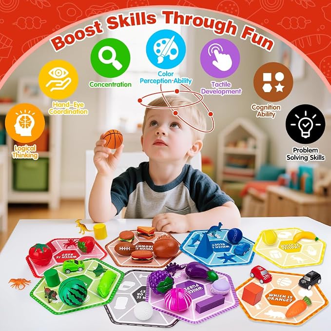 48-Piece Sorting-Toys-for-Toddlers, Learning Fine-Motor-Toys Sorting-Games | Sorting Matching Toys Match Card & Sort Game Set with Storage Bag, Animals Dinosaurs Fruits Foods Balls Playset for Ages 2–5