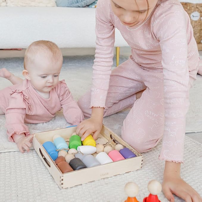 Ulanik Peg Dolls in Cups Montessori Toys for 1 Year Old | Open-ended wooden sorting set; 12 clear colors; cups and birch tray for easy storage