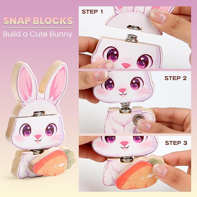 HUZU Easter Snap Builders, Easter Basket Stuffers Bunny, Carrot, Egg, Chick Wooden Puzzle Toy, Basket Essentials Take Apart & Mix Characters Kids Montessori STEM Fine Motor Skill