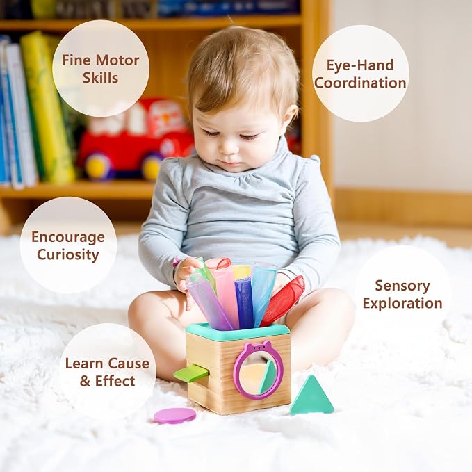 Youuys Wooden Baby Tissue Box Toy - Montessori Tissue Box Toy for Babies 12 Months with 3 Shape Blocks & 8 Silk Paper, Baby Boy Girl Gifts for Babies 12 18 Months Old Birthday Children Day