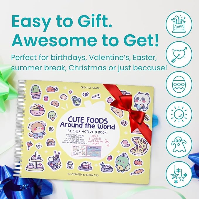 Cupkin Cute Foods Around The World Coloring & Sticker Book | 500+ Stickers | Spiral-bound kids craft format with 12 scenes, 12 art pages, side-by-side viewing, and an easy-peel design for ages 2–8
