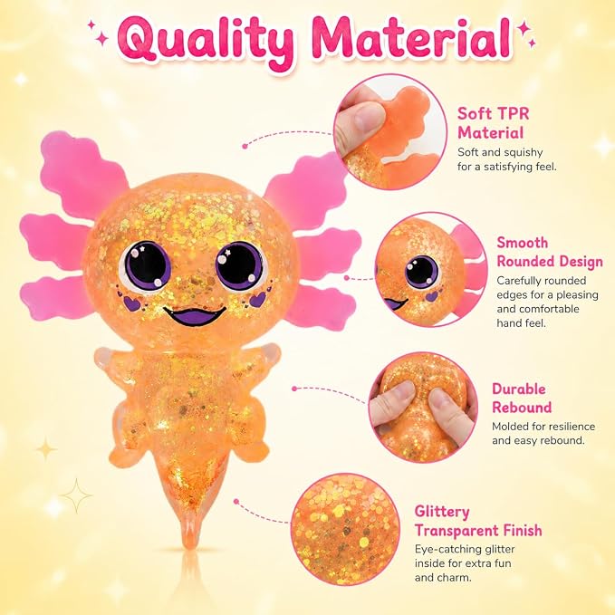 Axolotl Squishy Stress Ball, Soft TPR Slow Rising Squeeze Toy, Cute Axolotl Fidget Toy for Stress Relief, Anxiety Calming Sensory Toy for Kids Adults(Orange BigEars Axolotl)