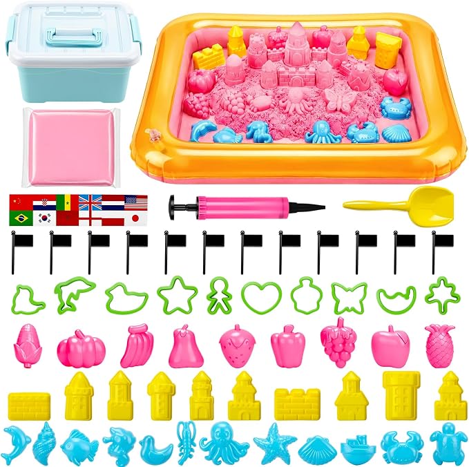 Teyva Daily 59 Pcs Sensory Bin Sand Kit with 2.2lbs Pink Moldable Play Sand, Inflatable Tray, Lidded Storage Box, Castle Ocean Animal Fruit Molds, Flags and Pump for Kids Toddler Ages 4-6