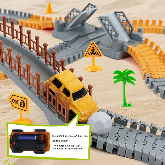 Construction Race Car Track Set for Kids - Flexible Engineering Toys with 2 Electric Cars, Birthday Gift for 3 4 5 6 7 Year Old Boys, DIY Road Games Playset with 220+ PCS