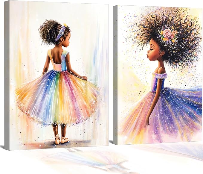 Black Girl Princess Wall Art,Cute Girl Rainbow Ballet Art Decor 16X12In | Afro Girls Art,Inspirational Black Girl Artwork for Girls Bedroom Nursery Playroom Home Wall Decor
