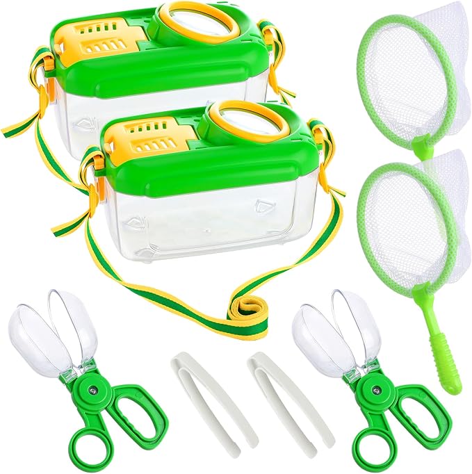 2 Sets Bug Catcher for Kids, Bug Catching Kit Gifts with Butterfly Net Toys | Built-in Magnifying Glass Bugs Box, Kids Camping Toys Bugs Collection Outdoor Explorer Kit for Age 3 4 5 6 7 8, Green