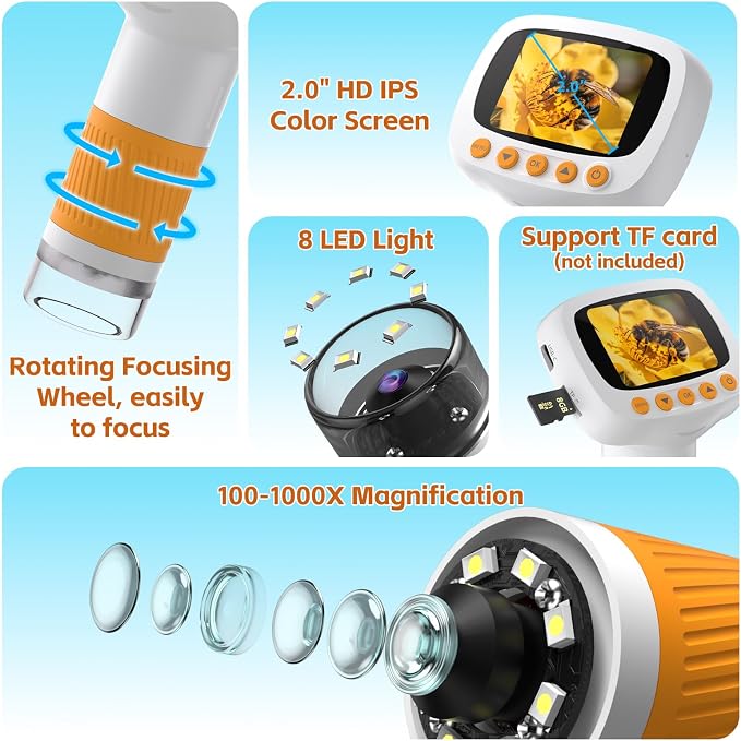 Pocket Kids Microscope for Over 3 Years Old, 1000X Handheld Microscope for Kids w/2''IPS Digital, Photo Video Mini Portable Microscopes, Science Edu Digiscope,Christmas Birthday Gifts for Kids