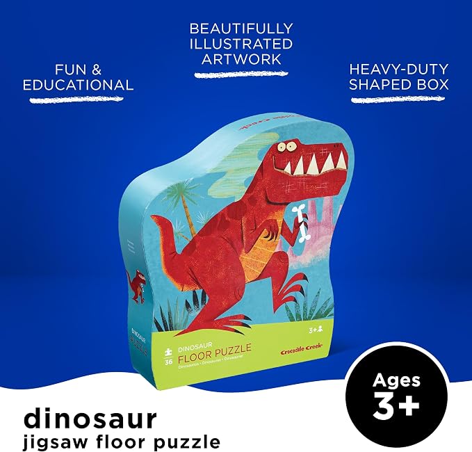 Crocodile Creek 36-Piece Jigsaw Floor Puzzle - Fun Floor Puzzles for Kids Ages 3-5 - Heavy-Duty Shaped Box for Storage - Dinosaur - 24" W x 18" H Finished