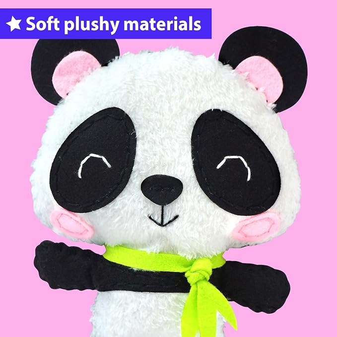 KRAFUN Panda Sewing Kit for Kids Ages 8-12 - No Scissors No Glue | Pre-cut & pre-punched felt. Child-safe needle included. Sew your own plush panda. Beginner craft gift for girls & boys