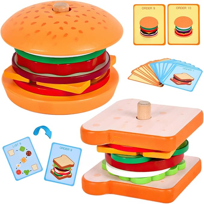 Wooden Burger Sandwich Stacking Toys for Kids, Play Food Toy, Montessori Toys for 3+ Year Old, Preschool Educational Toys to Develop Fine Motor Skills