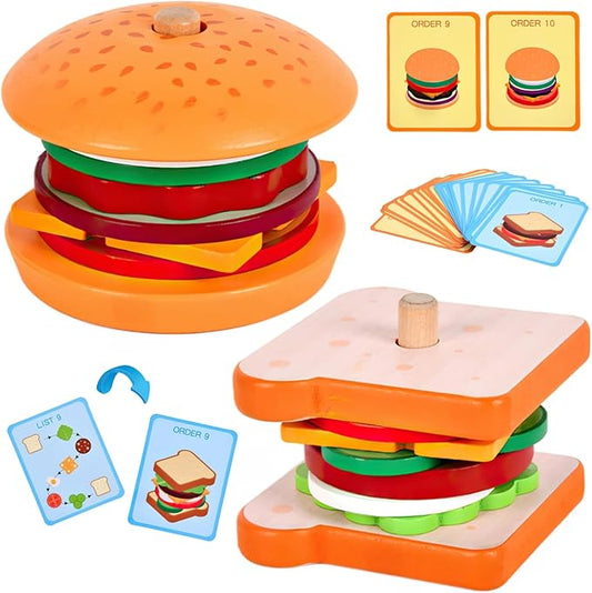 Wooden Burger Sandwich Stacking Toys for Kids, Play Food Toy, Montessori Toys for 3+ Year Old, Preschool Educational Toys to Develop Fine Motor Skills