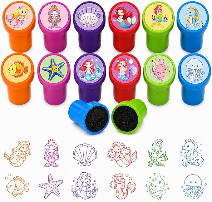 Cinrobiye 24 Pcs Mermaid Stampers Party Favor Set, Cute Under the Sea Stamps for Kids Birthday Party, Classroom Rewards, Carnival Prizes, Goody Bag Fillers, Mermaid Themed Party Supplies
