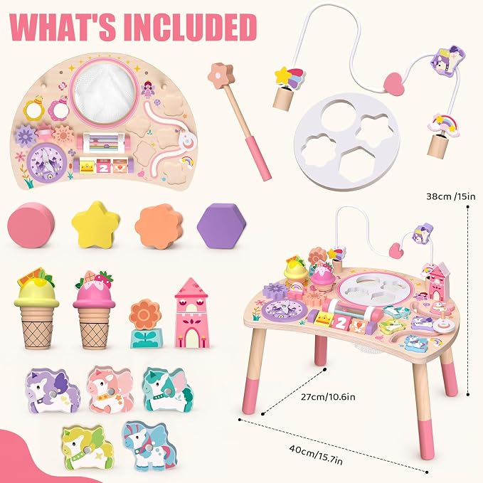 Wooden Activity Table, Montessori Busy Board for Toddlers 1-3 | Unicorn 10-in-1 Sensory Learning Toy with Bead Maze, Shape Matching, Gears, Clock — Birthday Gift for 1 2 3 Year Old Kids