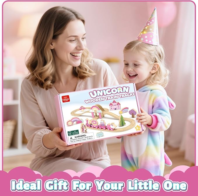 Lehoo Castle Wooden Train Set for Girls, Pink Unicorn Train Set | Princess and Castle Pieces for Imaginative Play, Compatible with Most Wooden Train Tracks, Birthday Gift for Girls