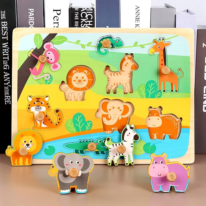 Wooden Peg Puzzles for Toddlers 1-3 - Montessori Educational Learning Puzzle Toys for Baby Gifts
