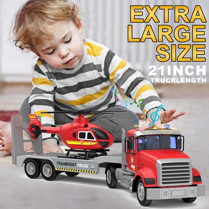 DOWELLIN 22" Semi Fire Truck Toy with Helicopter for Kids Toddlers - Fire Police Trucks Car Toys, Birthday for Boy Girl Child 3 4 5 6 7 Years Old