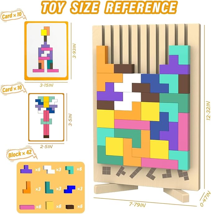 Wooden Block Puzzle Montessori Toys, Colorful Stacking Game Brain Teaser Puzzles for Toddlers and Kids with 20 Cards, Educational Wooden Toy Gifts for 3 4 5 6 7 8 Year Old Boys and Girls