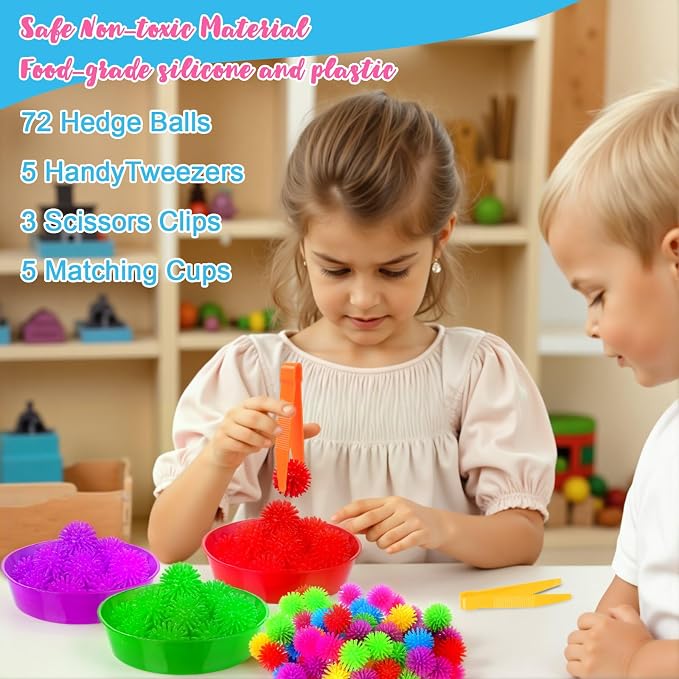 85 Pcs Sensory Bin Filler Kit with Tools Fine Motor Skills Set Counting Sorting Training Set with 72 Hedge Balls 5 Tweezers 3 Scissors Clips 5 Cups Learning Activities for Home School