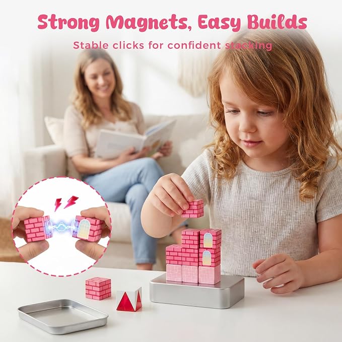 3 otters 12PCS Magnetic Blocks, with a Storage Box, Princess Castle | Portable Travel Toy, STEM Magnet Cubes for Toddler, Preschool Learning, Party Favors, Stocking Stuffers