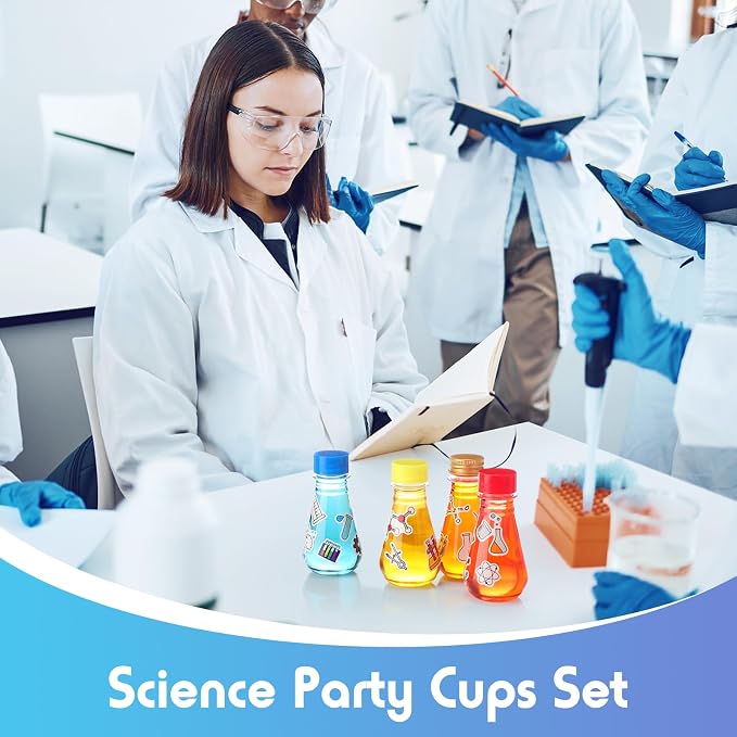 Jingmore 36 Pcs Science Party Theme Cups Set with Silly Loop Straws Science Stickers Plastic Reusable Small Conical Flask Bottles Test Tubes for Birthday Party Decorations(Conical Flask)