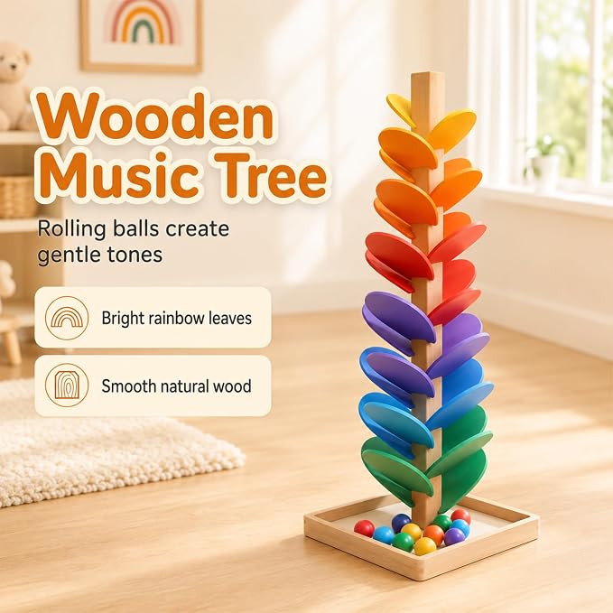 Wooden Music Tree Toy, Montessori Ball Drop Tree with 12 Colorful Wooden Balls, Tracks for Rolling Balls, Ball Run Toy, Fine Motor Skills STEM Gift for Kids Ages 3+