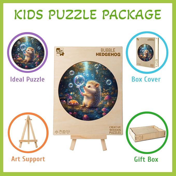 Animal Wooden Puzzles for Kids - Bubble Hedgehog | 50 Piece Puzzles for Kids Ages 4-6 - Kids Puzzle with Unique Animal Shapes -Round Puzzles for Boys and Girls (11.4 * 11.4 in)