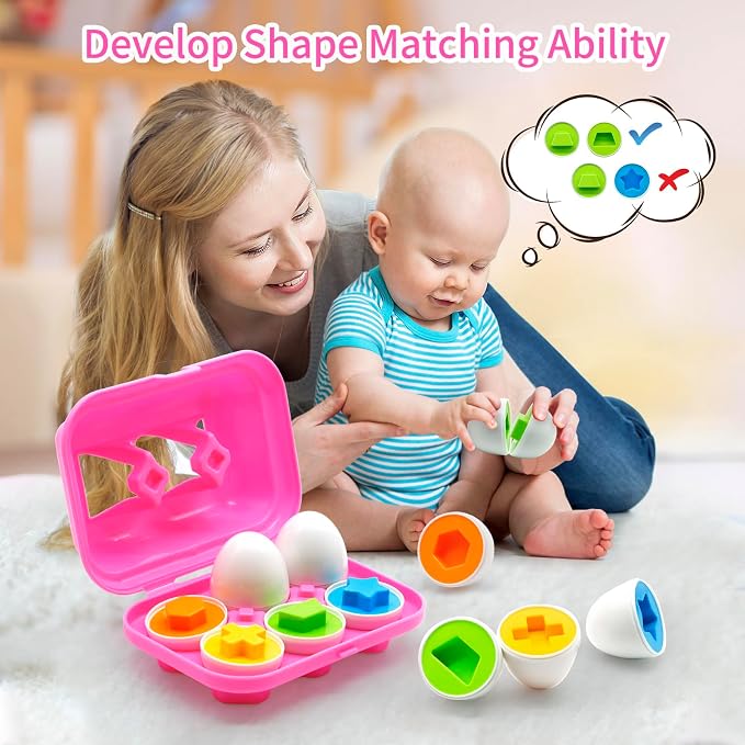 MOONTOY 6PCS Kid Easter Eggs Montessori Toys for 18M+ Year Old Boy Girl | Easter Matching Eggs, Educational Color Sorting Kid Puzzle, Cognitive Shape Sorter, Gifts for Kids Easter Basket Stuffers