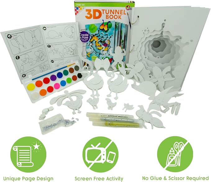 EyeConnect Crafts Pond 3D Tunnel Book – Hands-on Stationery Craft Kit | Build, paint, create a unique pop-in book with 12 posable animals! Screen-free STEAM activity, gift. No tools/glue needed, 8+