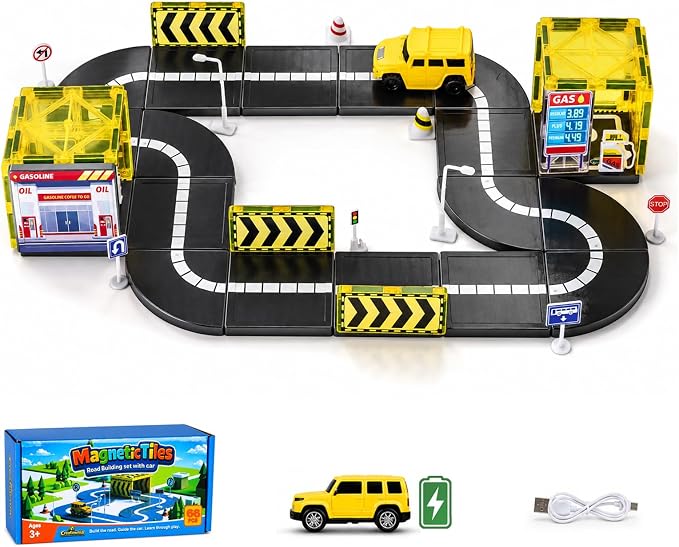 66-Piece Magnetic Tiles Building & Road Set for Kids, Includes Sensor-Guided Car that Follows Road Lines + Traffic Signs,STEM Montessori Building Toy for Boys & Girls Ages 4–12