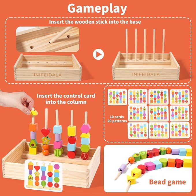 INIFEIDALA Montessori Toys for 3 4 5 Year Old,Gifts for Toddlers | Stacking Blocks, Lacing Beads & Shape Stacker, Wooden Beads Sequencing Toy Set, Fine Motor Skills & STEM Preschool Learning