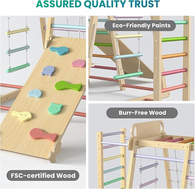 Upgraded Indoor Jungle Gym 9-in-1 Playground Kids Climbing Toys | Waldorf Style Wooden Climber Playset with Slide, Swing, Monkey Bars, Upright/Rope Ladder, Climb Net, Colorful