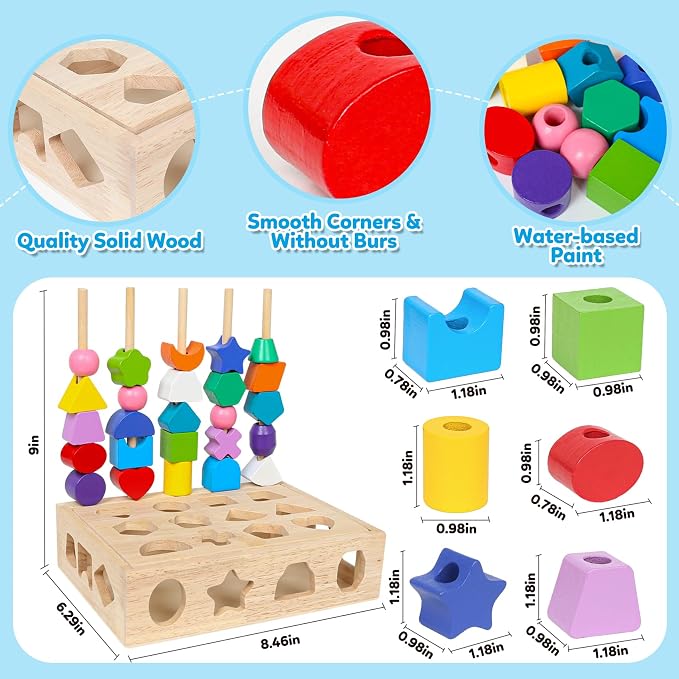 ROOCHKD Wooden Sorting Toy Lacing Beads Sequencing Toy for 3yrs+ | Preschool Learning toy, Class Activity, Toddlers Fine Motor Game, Colors &Shapes sorting, Educational Gifts