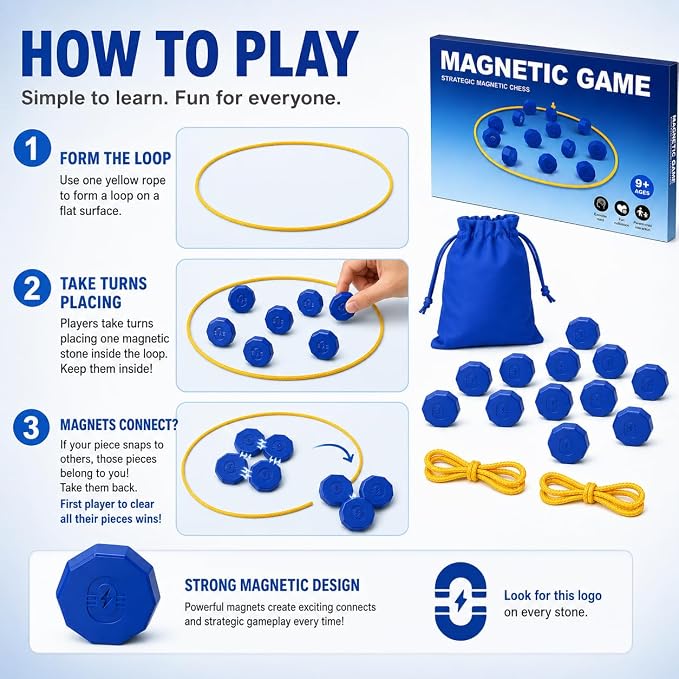 Magnetic Strategy Game with 24 Full-Size Stones, 3 Ropes & Bag | Portable strategy game for kids, teens and adults, perfect for family nights, parties, travel, camping and outdoor play