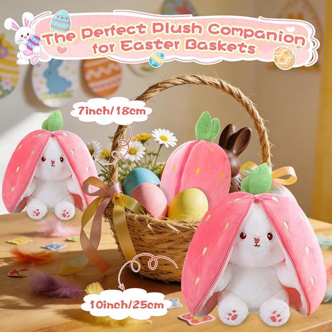 MIAODAM Bunny Stuffed Animal for Girls, Cute Strawberry Rabbit Bunny Plush | Reversible Rabbit Fruit Doll, Funny Bunny Toy Cuddle Plushies for Kids, Easter Bunny Gift/Christmas /Birthday (10inch）