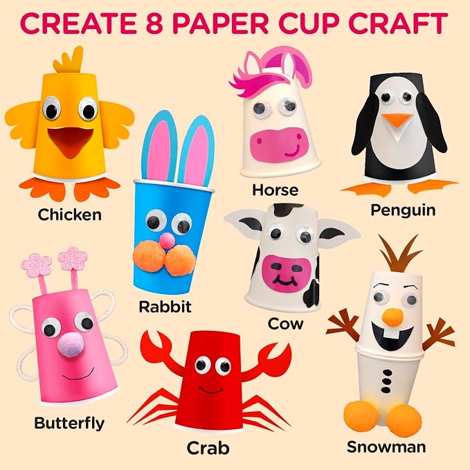 Arts and Crafts for Toddlers & Kids Ages 3-5 – Paper Cup Craft Kit, 8 Animal Projects – Fun Preschool Activity for Girls & Boys