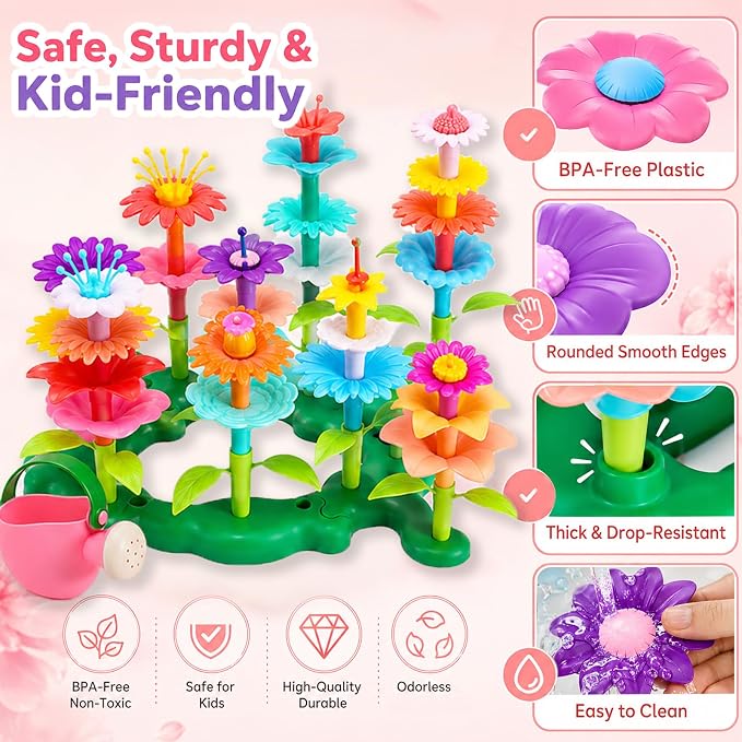 FUNZBO Flower Garden Building Toys Set - STEM Montessori Toys for Girls | Birthday Gifts for Age 3 4 5 6 7 8 9-12 Years Old Girl, Sorting & Stacking Spring Gardening Toy for Kids