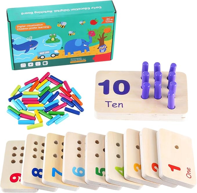 Wooden Counting Numbers Peg Board for Kids, Toddlers Montessori Math Toy 3+ | Thick 1-10 Double-sided Number Boards, 55 Colorful Counting Pegs, Preschool Educational Toy Early Math Learning Activity