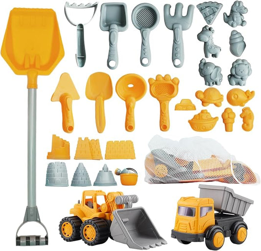 Long Shovel Sand Beach Toys with Big Excavator Toy, Dump Truck Toy, Construction Toys, Sand Castle Toys for Beach, Beach Rakes, Molds, Mesh Beach Bag for Kids, Toddlers, Boys & Girls (31 PCS)