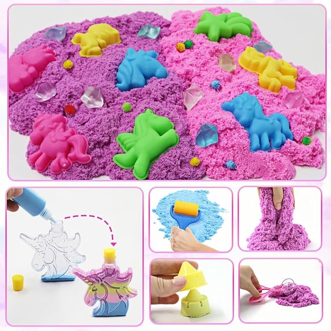 Unicorn Sensory Bin Sand Kit - 155 Pcs with 2.2lbs Sand, 9 Castle & 8 Unicorn Molds, 12 Tools, Tactile Sensory Fillers for Girls Age 4-9 Gifts
