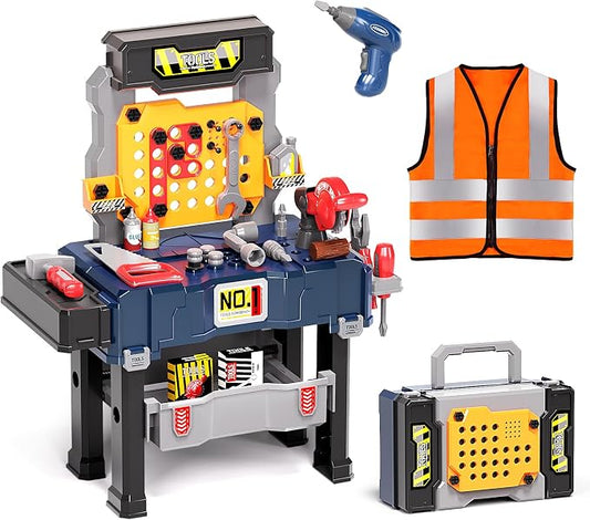 Deejoy Kids Tool Bench with Electric Drill and Engineer Vest | 3-in-1 Toddler Workbench and Costume Set, Construction Toys for Boys 3-5, Engineering Role Play Kit for Toddlers Age 3 4 5 6