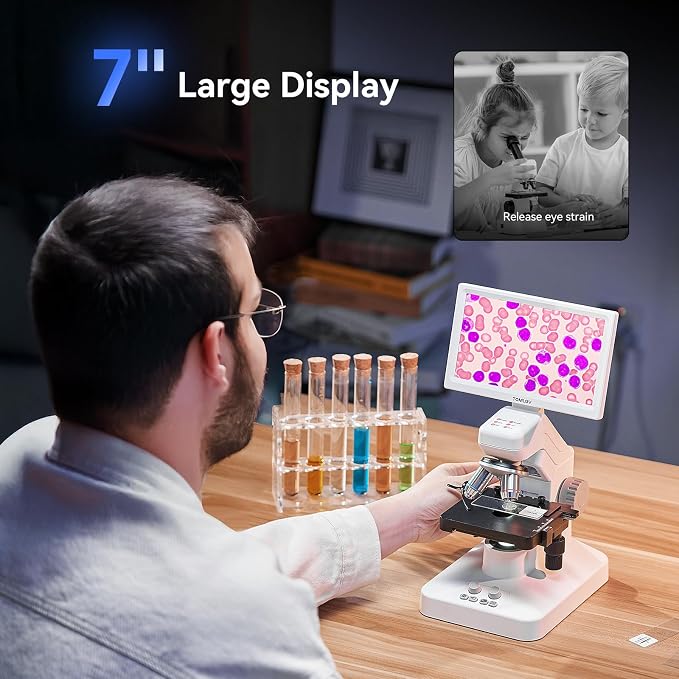 TOMLOV DM301 Max Microscope for Kids Students Adults, Science Experiments | 7" Screen, X-Y Metal Stage, TV/PC Display, Camera & Video, Wireless APP Share, Dual LEDs, 1200X Biological Science Slides Kit