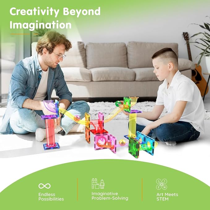 PicassoTiles Magnetic Tiles Marble Run Building Blocks Rainbow Color with Slide Drop Funnels Tubes STEM Educational Toy Set Compatible Durable Construction Kit for Kids Age 3+ Preschool Learning PTG40