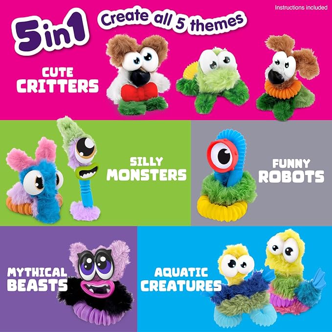 WeVeel TOOBLERZ Kids Craft Kit, 62-Piece DIY Monsters & Animals, Ages 5+ | Screen-Free Creative Play Reusable Mix-and-Match Parts Fuzzy Sticks & Stretchy Tubes Open-Ended Building Fun